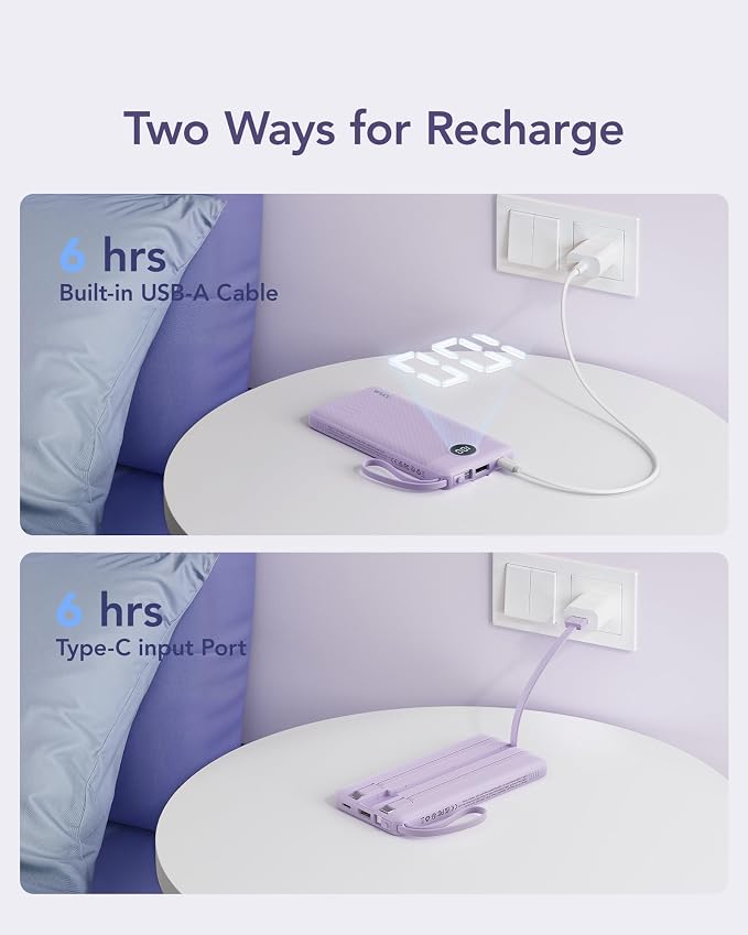 VRURC Portable Charger Power Bank, USB C Battery Pack 10000mAh, Flight-Safe Travel Essentials, 5 Outputs 2 Inputs Slim Phone Charging Bank Built-in Cables for Multi Devices-Lavender(1 Pack) - Image 7