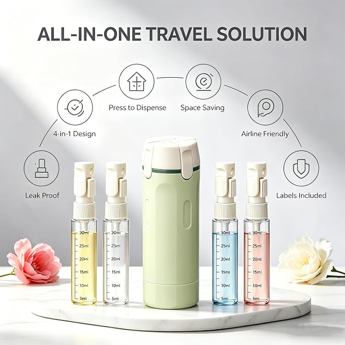 4 in 1 Travel Dispenser Bottle, One-Press No Squeeze Toiletries Set | TSA Approved 4x30ML Leakproof Travel Containers, Refillable Shampoo Lotion Bottles with Labels & Scale, Cream 2White - Image 7