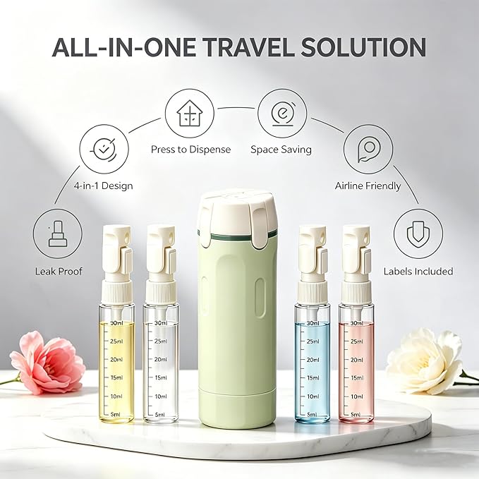 4 in 1 Travel Dispenser Bottle, One-Press No Squeeze Toiletries Set | TSA Approved 4x30ML Leakproof Travel Containers, Refillable Shampoo Lotion Bottles with Labels & Scale, Cream 1White - Image 7
