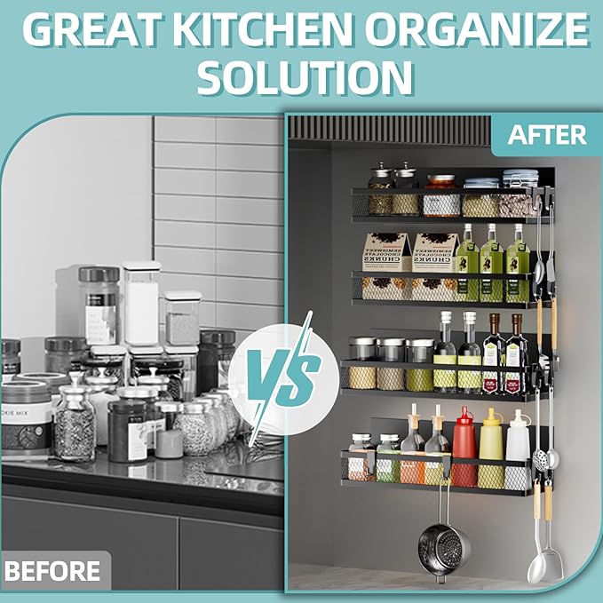 Magnetic Spice Rack for Refrigerator, 4 Pack Magnetic Shelf with 10-Hook Rack, Carbon Steel, Black, for Kitchen Organizers and Storage - Image 4