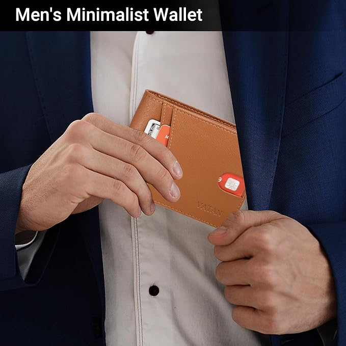 VATAN Wallet for Men Slim RFID Blocking Leather Credit Card Holder Wallet for 15 Cards, Bifold Minimalist Thin Wallet with 2 ID Windows & Cash Slot, With Gift Box (Cross Grain Brown) - Image 2