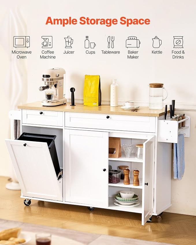 VEVOR Kitchen Island Cart with Storage, 60in Wide Mobile Kitchen Cart with Wheels, Drop Leaf, 2 Drawers, Trash Can Cabinet, Knife Holder, Spice Rack, and Towel Rack, Table for Dining Room, Pantry - Image 2