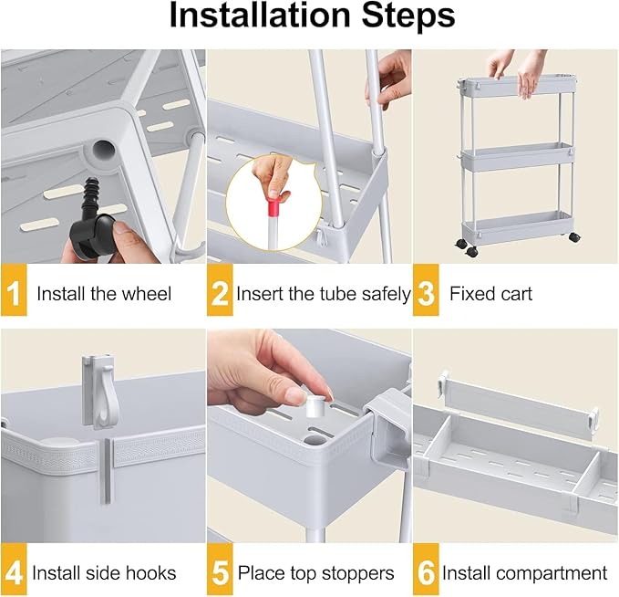 2-piece Set Slim Storage Cart 3 Tier,Bathroom Organizer Rolling Utility,Mobile Shelving Unit Slide Out for Office, Kitchen, Laundry Room & Narrow Places - Image 5