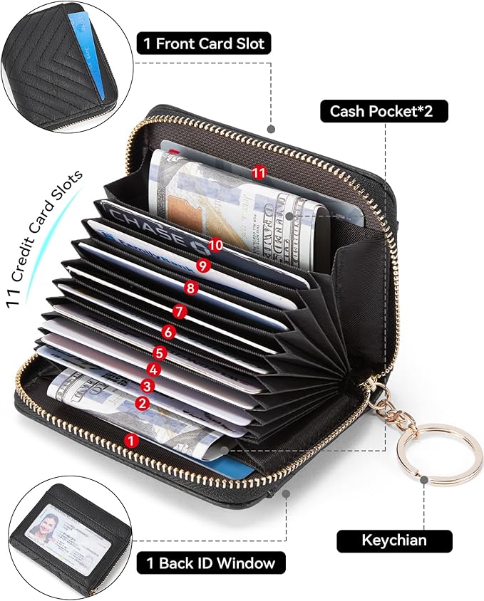 BOSTANTEN Credit Card Holder Small RFID Wallet Women with Keychain Wristlet | Compact, Accordion Design, Easy Organization, Fits Small Purses, Quilted Vegan Leather, Perfect Gifts, Black - Image 2
