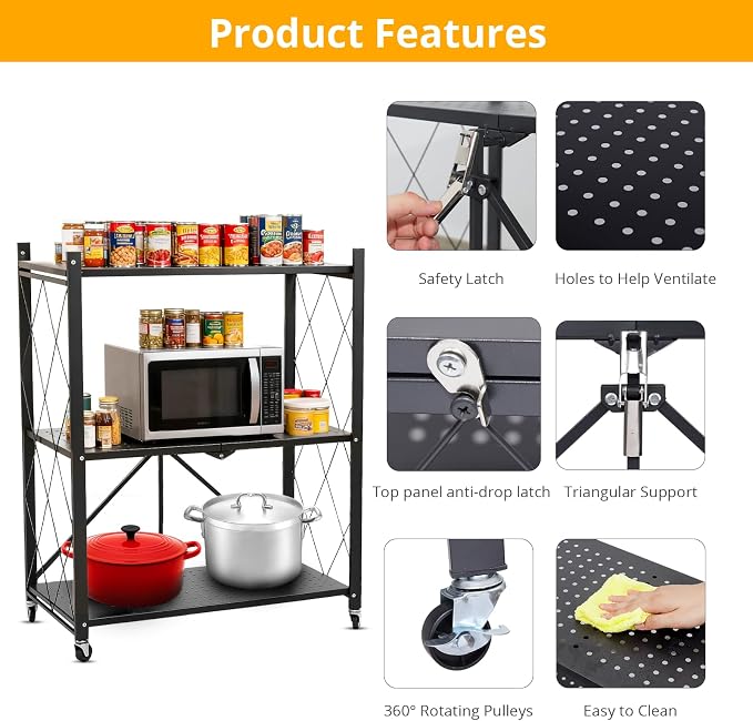 COKIHOM 3-Tier Folding Shelf, No Assembly Metal Shelving Unit with Wheels, Heavy Duty Folding Bookshelf, Space Saving Foldable Storage Shelf for Kitchen, Books, Pantry, Bathroom Organization - Image 5