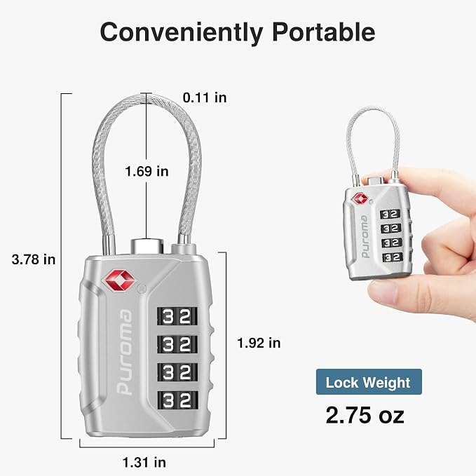 Puroma 2 Pack TSA Approved Luggage Locks 4 Digit Code Cable Lock Silver | Resettable, Flexible Cable, Zipper holes, Zinc Alloy, Bright Color, Large White Numbers, Suitcase Train Travel, laptop bag - Image 3