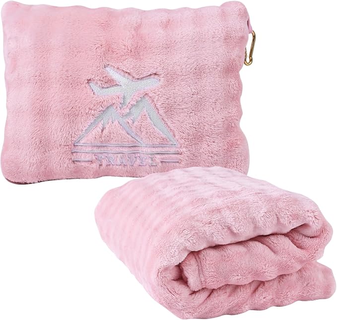 Travel Blanket and Pillow-2-in-1, Ultra-Soft&Compact, One-Piece Airplane Blanket with Hand Luggage Belt and Backpack Clip,Travelers Accessories Gifts, 61x43 Inches (Pink) by Unknown