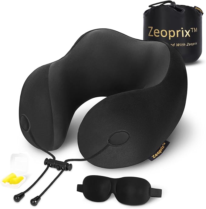 Memory Foam Travel Neck Pillow for Airplane, Neck Support, Black | Airplane neck pillow for long flights, breathable & washable cover, eye mask, earplugs, ergonomic support, compact travel bag by Unknown