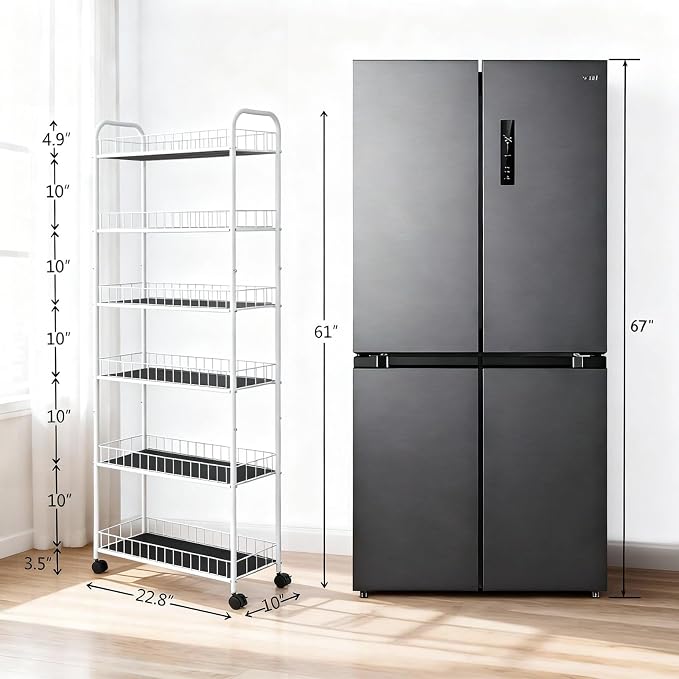 10in 6 Tier Slim Storage Cart with Wheels,White Narrow Space Rolling Shelving Unit, Metal Wire Mobile Organizer Rack for Kitchen Bathroom Office Laundry - Image 5