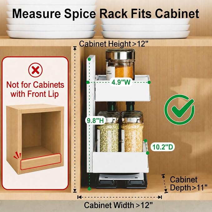 Vertical Spice Rack Pull Out - 1 Pack Spice Organizer for Cabinet | For Flat-Front Cabinets Only, Pull-Out Rotating Access, No-Drill Mount, Keeps Spices Visible Easy to Reach, Adjustable Height - Image 2