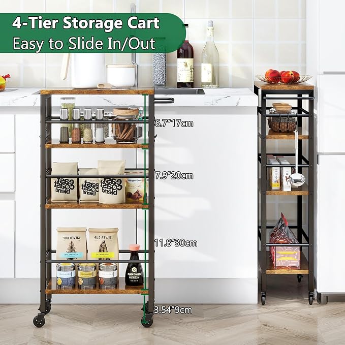 IBUYKE Slim Rolling Storage Cart, Kitchen Cart Utility Shelving UTMJ065H | 4-Tier, with Lockable Wheels,Handle&6 Hooks, 7.9" wide,for Kitchen, Laundry, Bathroom, Rustic Brown - Image 9
