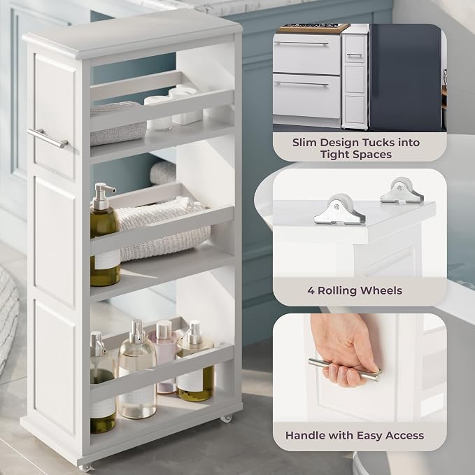 Lavish Home 3 Tier Slim Utility Rolling Storage Cart, White, 16.7”W x 9”D | Narrow Rolling Cart Storage Organizer with Handle and Wheels for Bathroom, Laundry Room, and Kitchen, Pull-Out Home Organizer - Image 5