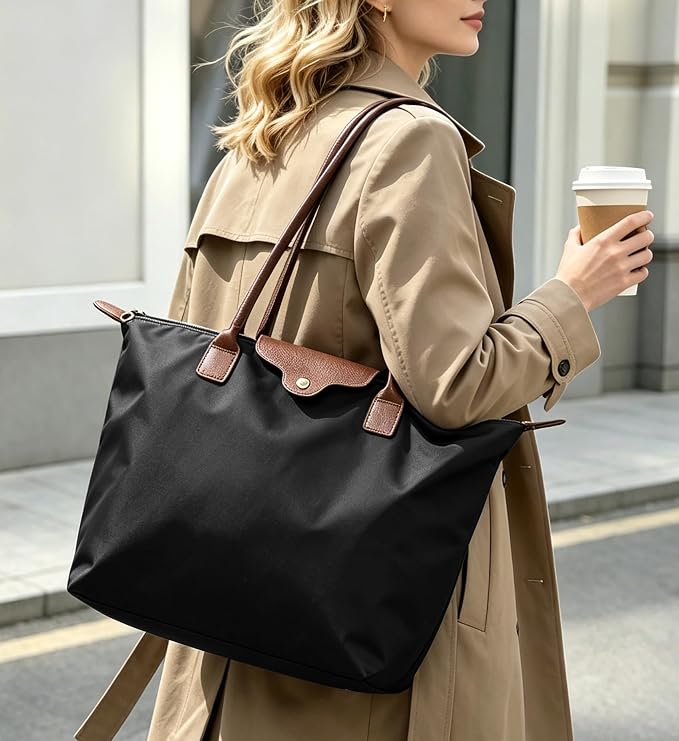 Nylon Tote Bag for Women, Lightweight Foldable Shoulder Tote with Zipper, Large Work Travel Bag for Everyday Use - Image 3