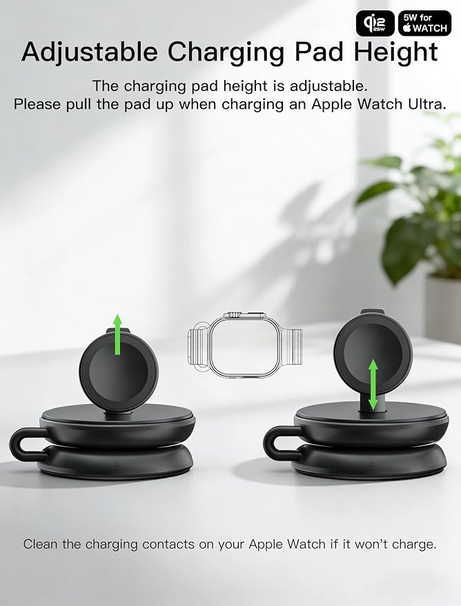 2 in 1 Magnetic Wireless Charger, Qi2 25W Fast Charging Travel Station Pad Compatible with MagSafe for iPhone Air/17/16/15/14/13/12, 5W for Apple Watch, AirPods 4/3/2/Pro with 30W Adapter (Black) - Image 6