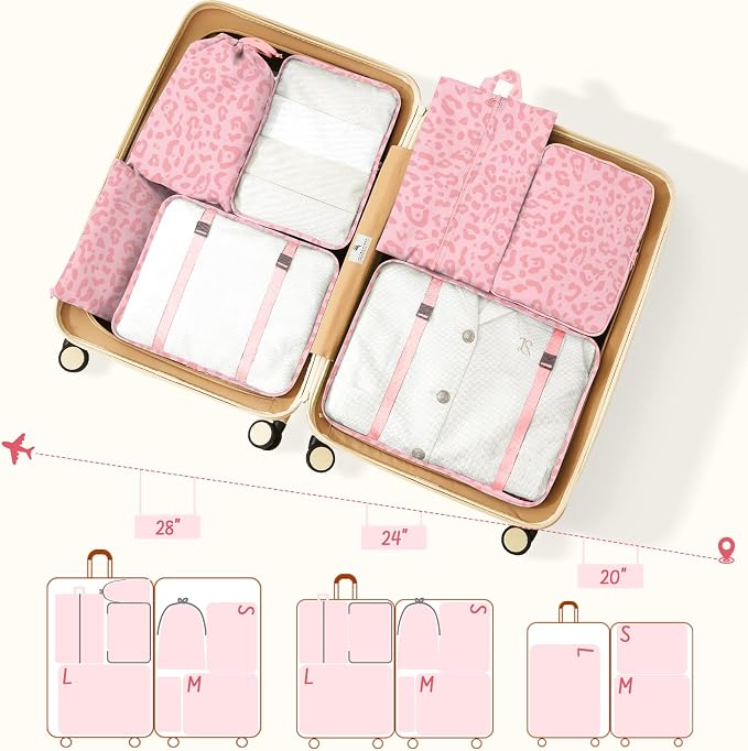 9 Set Packing Cubes for Travel Essentials - Lightweight Carry-On Luggage Organizer Bags with Shoe, Clothes & Laundry Bags for Airplane, Family & Business Travel, Pink leopard print - Image 3