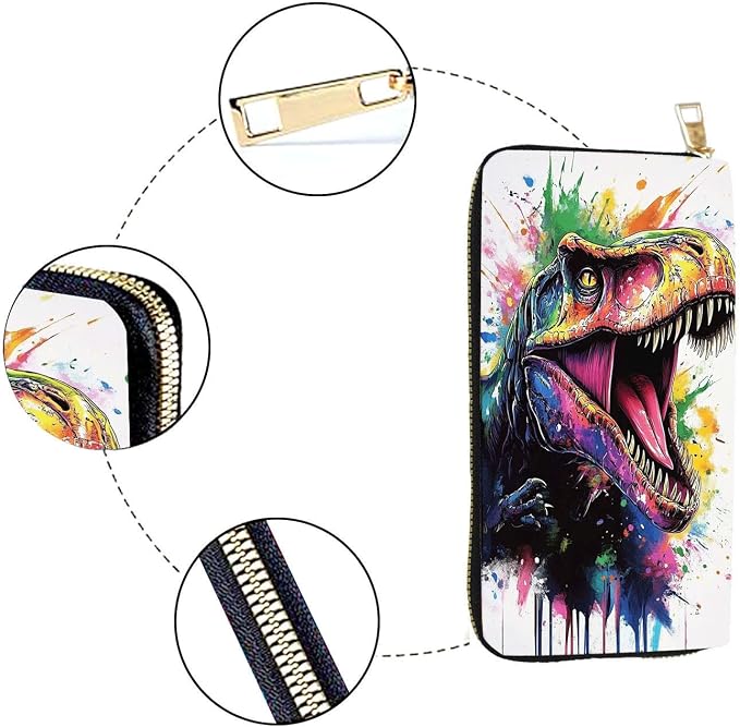 Women's RFID Blocking PU Leather Zip-Around Wallet, Large Capacity Clutch with Phone Holder, Travel Purse & Card Organizer with Removable Wristlet,Watercolor Dinosaur - Image 4
