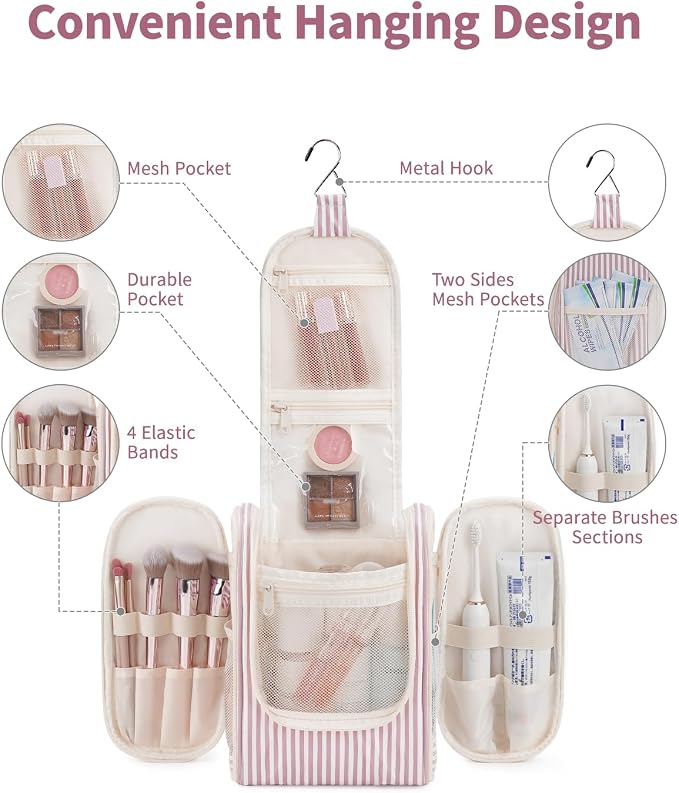 Narwey Small Striped Hanging Travel Toiletry Bag for Women, Travel Bag for Toiletries, Makeup Bag Organizer Cosmetic Bags Make Up Bags for Women (Dusty Rose Stripe) - Image 2