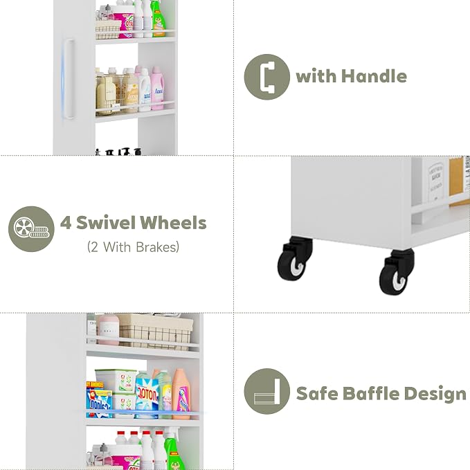 6-Tier Slim Rolling Storage Cart with Wheels, 8-Inch Deep Metal Utility Cart for Kitchen, Bathroom, Laundry, Craft Room – Narrow Design for Easy Organization and Mobility (White) - Image 8