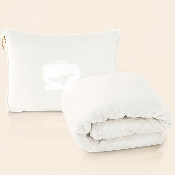 EverSnug Travel Blanket and Pillow - Ultra-Soft, Compact & Lightweight, 65x40 Inches, with Carry Case, Luggage Sleeve & Backpack Clip for Airplane Comfort (Off-White) by EverSnug