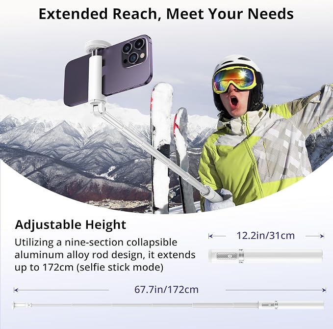 ATUMTEK 68.5" Selfie Stick Tripod, Extendable Aluminum Tripod with Rechargeable Bluetooth Remote, Compatible with iPhone and Android Smartphones, Perfect for Travel, Vlog, Video and Photo, White - Image 2