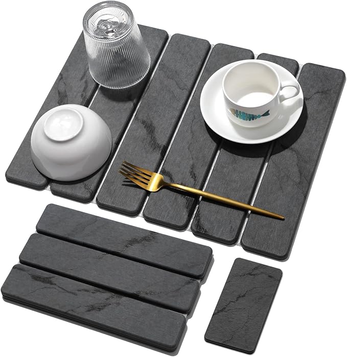 Small Stone Dish Drying Mat for Kitchen Counter, 2 PCS 16"×12" & 8"x4" Quick Dry Stone Mats, Foldable Water Absorbing Diatomaceous Earth Drying Dish Pad for Countertop Bottles Utensils Cups(Dark Gray) by linidcoudhome