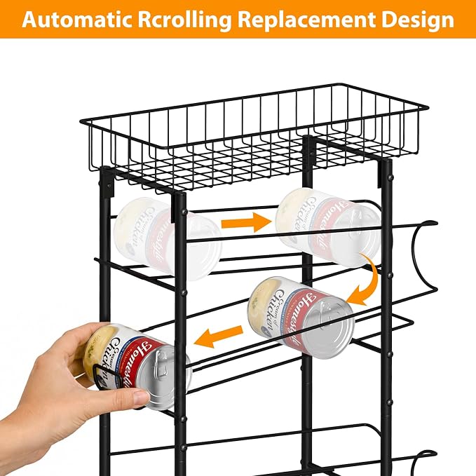 Slim Can Organizer Cart, Iron Narrow Soda Dispenser Rack for Kitchen, Black | Black,Canned Food Organizer, On Wheels, Top Basekt, Automatic Rolling Storage, for Narrow Space. - Image 5