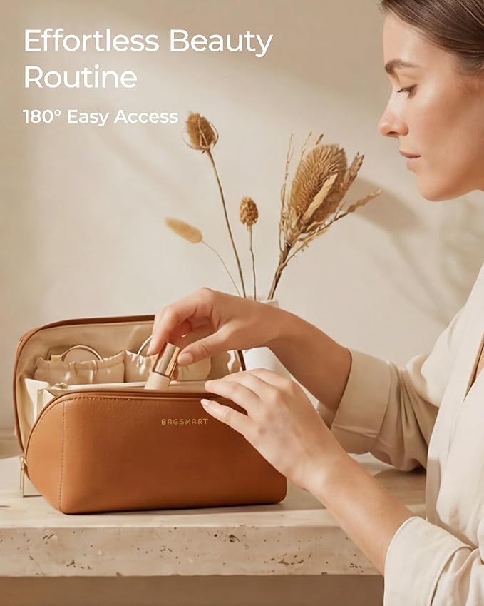 BAGSMART Makeup Bag Travel 3 Pcs Set Cosmetic Bag,Toiletry Bag,Camel | 3 Pcs Set Large Make Up Bag Flat Open for Women, PU Leather Travel Essentials Organizer, Wide-open Pouch for Skincare,Brushes - Image 4