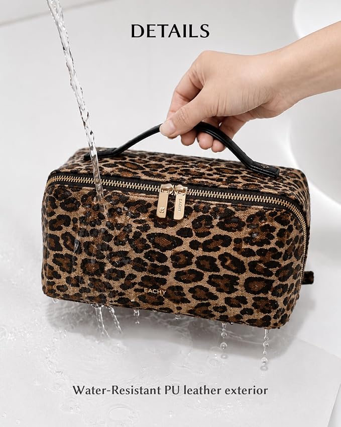 EACHY Travel Makeup Bag for Women, Flat Open Leopard Print Cosmetic Bag | Leopard-print PU leather cosmetic bag opens flat with dividers and clear TPU brush pocket for makeup and travel essentials - Image 2