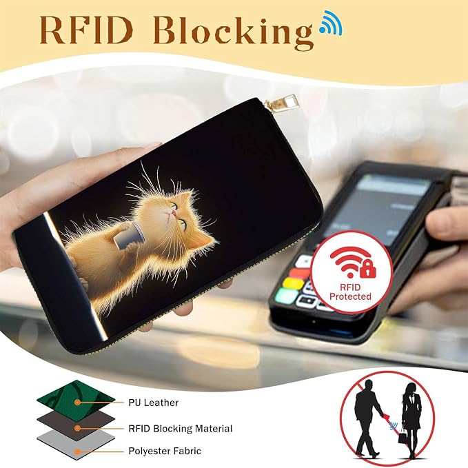 Women's RFID Blocking PU Leather Zip-Around Wallet, Large Capacity Clutch with Phone Holder, Travel Purse & Card Organizer with Removable Wristlet,Messy Cat Drink Coffee - Image 2