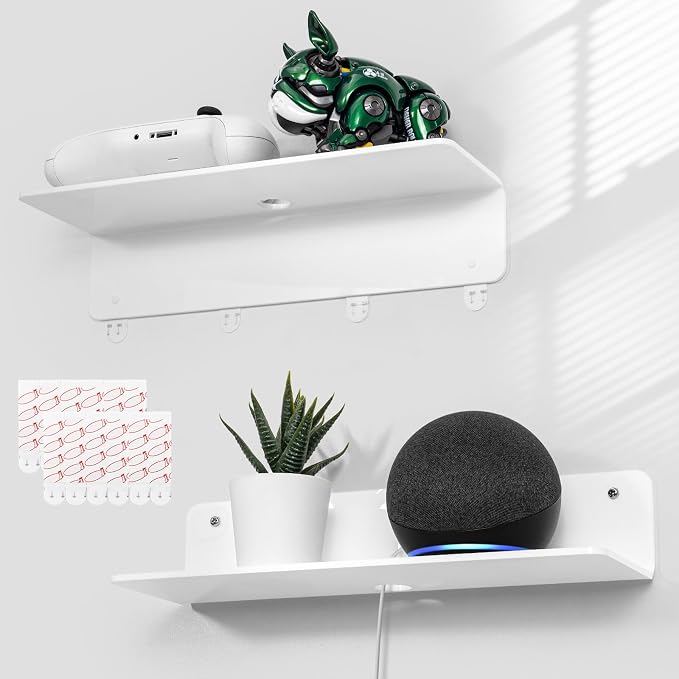 OAPRIRE Acrylic Floating Wall Shelves White, Damage Free, 12 Inch 2 Pack | Strong Tape Adhesive Wall Shelf No Drill, Easy Installation, Hole Design with Cable Clips, Small Spaces Bedroom Bathroom by OAPRIRE