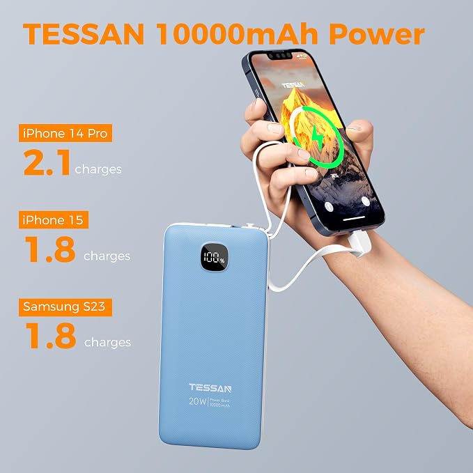 TESSAN Portable Charger with Built in Cables, 10000mAh Power Bank Fast Charging with Foldable AC Plug, PD20W Compact Battery Pack Travel Essentials for iPhone 17/16 Series, Samsung, Tablets, Blue | PD20W USB C Fast Charging with Foldable AC Outlets, Tr... - Image 6
