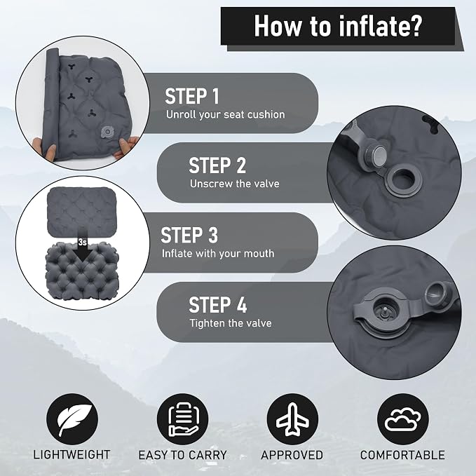 Inflatable Seat Cushion, Lightweight Stadium Seat Pad, Travel Air seat Cushion Anti-Slip for Airplane, Long Flights, Hiking, Climbing, Home and Camping, Compact Air Cushion,Black - Image 4