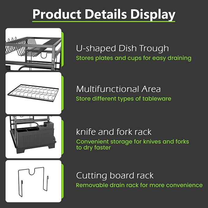 2-Tier Foldable Dish Drying Rack with Drainboard, Stainless Steel Large Capacity Kitchen Counter Organizer with Cup Holder, Utensil & Cutting Board Storage, No Assembly Required, Black - Image 9