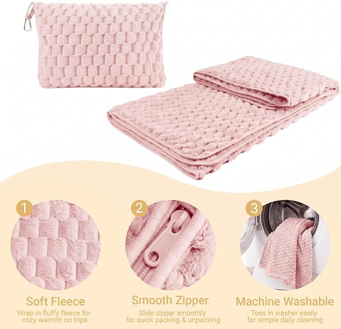 Travel Blanket with Bag, Soft Fleece Portable Airplane Blanket, Pink | Soft fleece travel blanket 50x60in grey. 5-in-1: pillow, lumbar support, shawl, hand warmer. Washable, luggage sleeve, clip. - Image 2