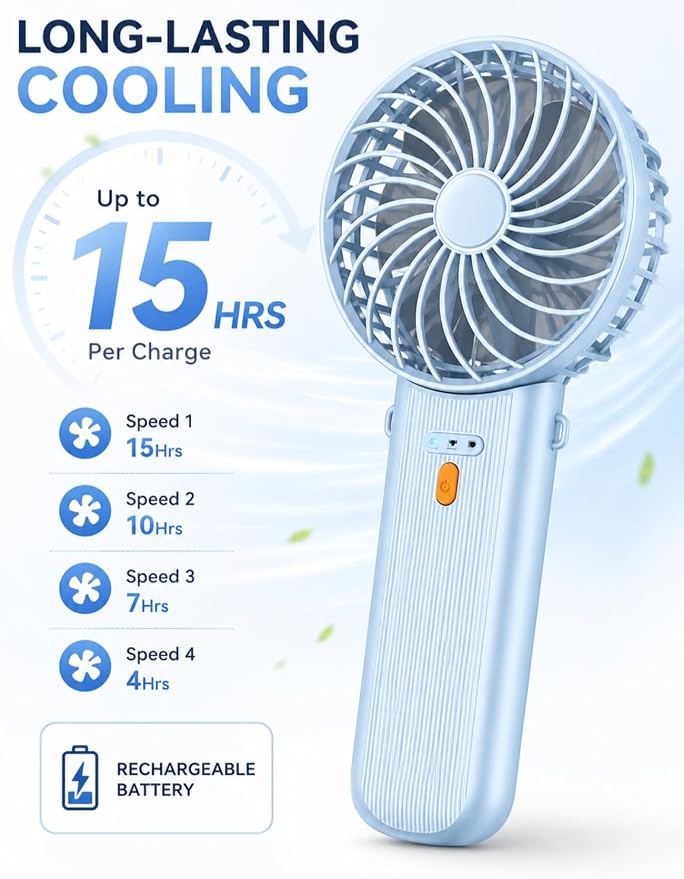 Portable Mini Fan, Quiet Foldable Fan with Lanyard | 4 Speeds, 15H Rechargeable Battery, Portable Pan for Travel, Home, Office, Outdoor, Makeup, Women, Men, Blue - Image 6