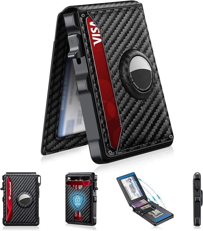 Airtag Wallet for Men, Mens Smart Wallet for Air Tag RFID Blocking, Minimalist Bifold Pop Up Aluminum Credit Card Case Holder 12+ Cards with ID Window, Gift for Men, No Airtag Included, Carbon Fiber by KIKVES