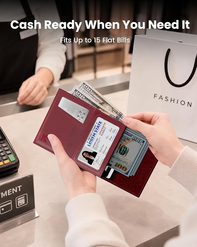 Small Wallet for Women: Slim Pop-Up Card Holder with RFID Blocking, ID Window and Cash Slot for Small Bags, Wine Red - Image 7