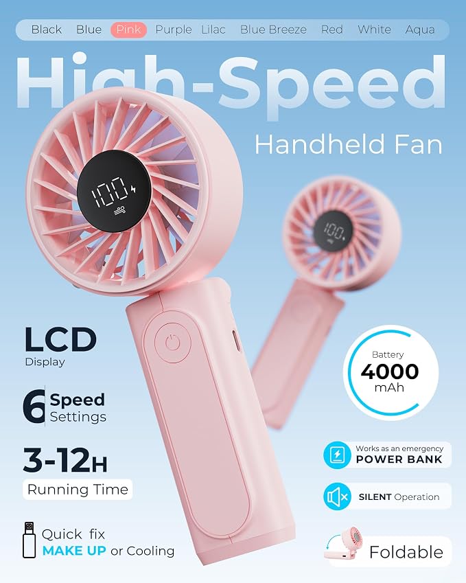 Peiyuu Handheld Portable Fan, 4000mAh USB Rechargeable Personal Fan, 180° Foldable Mini Desk Fan with 6 Wind Speed, LCD Digital Display, Lanyard as Neck Fan, Ultra Quiet - Image 2