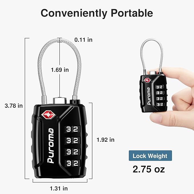 Puroma 4 Pack TSA Approved Luggage Locks 4 Digit Code Cable Lock Black | Resettable, Flexible Cable, Zipper holes, Zinc Alloy, Bright Color, Large White Numbers, Suitcase Train Travel, laptop bag - Image 6