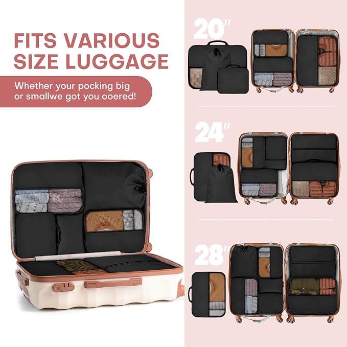 SDGFUI 8 PCS Compression Packing Cubes for Travel Women, Compression Organizer for Luggage Space Saving Travel Essentials and Carry on, Luggage Organizer Bags for Suitcase - Black - Image 6