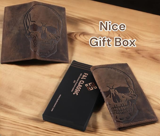 Men's RFID Vintage Look Genuine Leather Long Bifold Wallet Checkbook Wallets,buffalo wax leather,classic brown skull,240-120 - Image 5