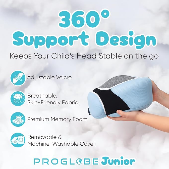 Kids Travel Neck Pillow, Memory Foam, Light Blue, Ages 4+ | Ergonomic Soft Washable Kids Airplane Pillow with Adjustable Strap, Compact Head Support for Car and Booster Seat - Image 3