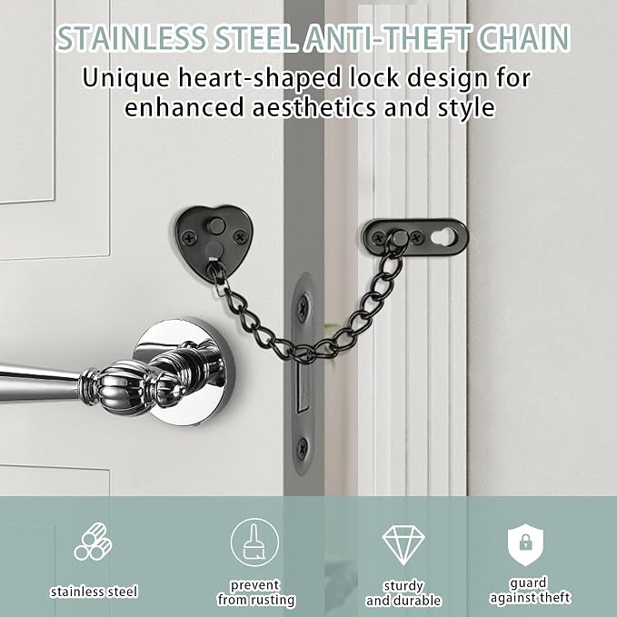 Alise Door Chain Lock, Matte Black Adjustable Child Proof Security Door Lock for Apartment | Stainless Steel Chain Door Lock,Heart-Shaped Design Press-To-Unlock Heavy Duty Chain Lock For Barn Bedroom & Travel - Image 4