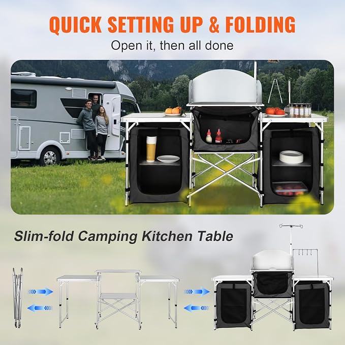 VEVOR Camping Kitchen Table, Folding Outdoor Cooking Table with Storage Carrying Bag, Aluminum Cook Station 3 Cupboard & Detachable Windscreen, Quick Set-up for Picnics, BBQ, RV Traveling, Black | Portable Lightweight Setup, Storage Pockets, Sturdy Cor... - Image 5