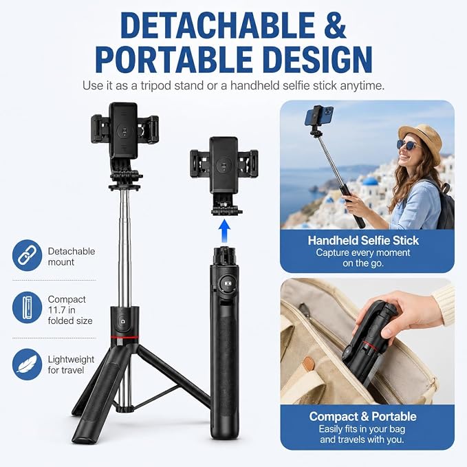 67" Detachable Phone Tripod Selfie Stick, Extendable Portable Cell Phone Stable Camera Easy Selfie Tripod Stand, with Wireless Remote, Ideal for Travel & Photos Recording/Video Vlogging, Big Tripod - Image 7