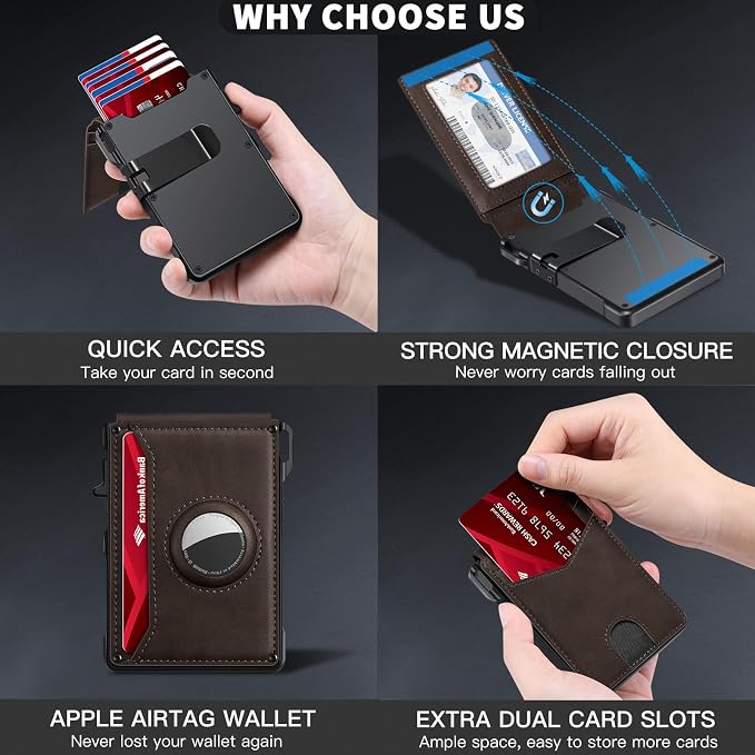 Airtag Wallet for Men, Mens Smart Wallet for Air Tag RFID Blocking, Minimalist Bifold Pop Up Aluminum Credit Card Case Holder 12+ Cards with ID Window, Gift for Men, No Airtag Included, Coffee Brown - Image 6