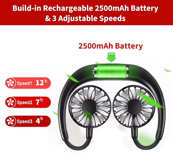 JUANANIUG Portable Neck Fan Rechargeable Personal HandFree Fan Mini USB Wearable Neckband Sport Fan 3 Speed Adjustable 360 Degrees Rotation Perfect for Working Traveling Office Reading (Full Black) - Image 3