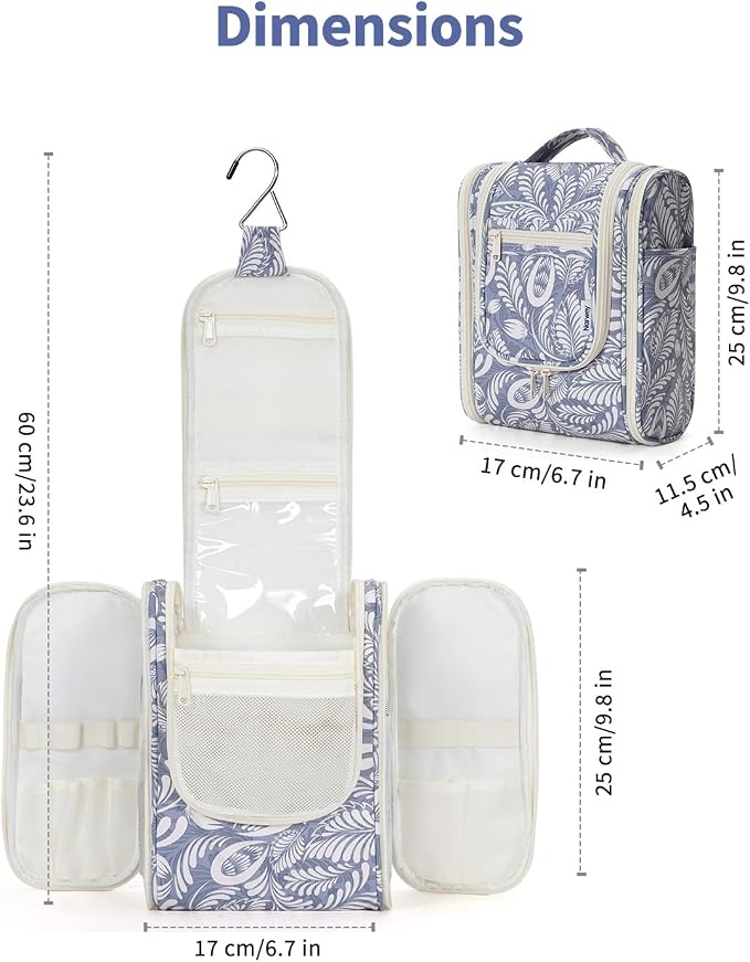 Narwey Small Hanging Toiletry Bag Women Travel Makeup Bag Organizer Toiletries Bag for Travel Size Essentials Accessories Cosmetics (Medium, Blue Leaf) - Image 8