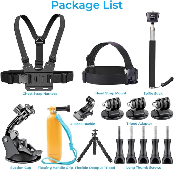 6 in 1 Accessories Kit for Action Camera, Chest Mount Harness Strap, Head Strap Mount, Suction Cup, Selfie Stick, Floating Handle Grip, Flexible Octopus Tripod, Fit for Recording VLOG/POV - Image 7