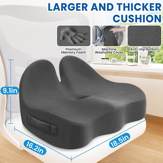 Seat Cushion, Chair Cushions, Memory Foam Office Chair Cushion | Hip & Sciatica & Tailbone Pain Relief, Long Sitting Comfort for Office Chairs/Desk Seats/Wheelchair (Large, Grey) - Image 2